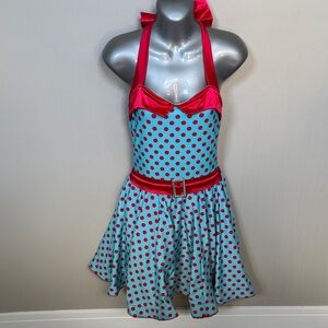 Weissman Turquoise Polka Dot One-Shoulder Party Dress with Red Accents